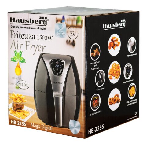 Friteuza Air Fryer Hausberg HB-2255, 1500 W, 2.6 L, Timer, Argintiu/Negru